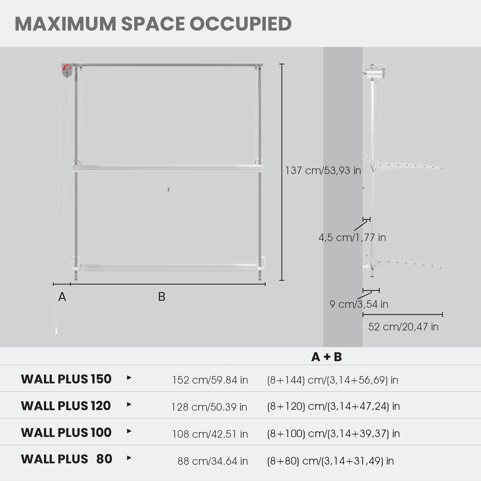 Tendedero de pared, tendedero vertical de pared, tendedero retráctil de  interior y exterior, Foxydry Wall 120, 128x52x137 cm